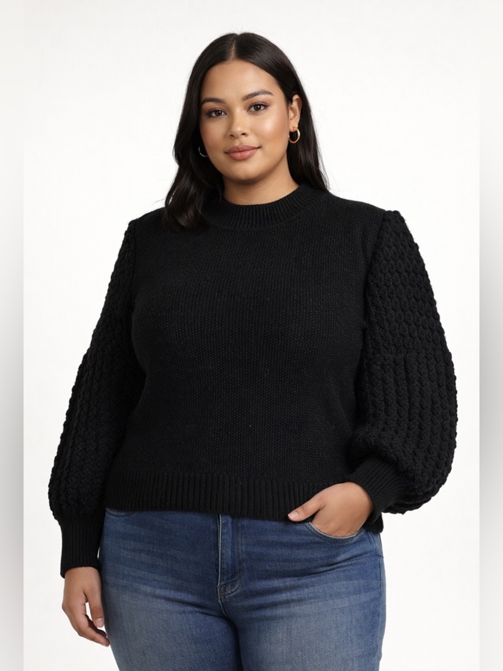 NWT Black Puff Sleeve Sweater Textured Knit Balloon Sleeve Size XL &‎ XXL